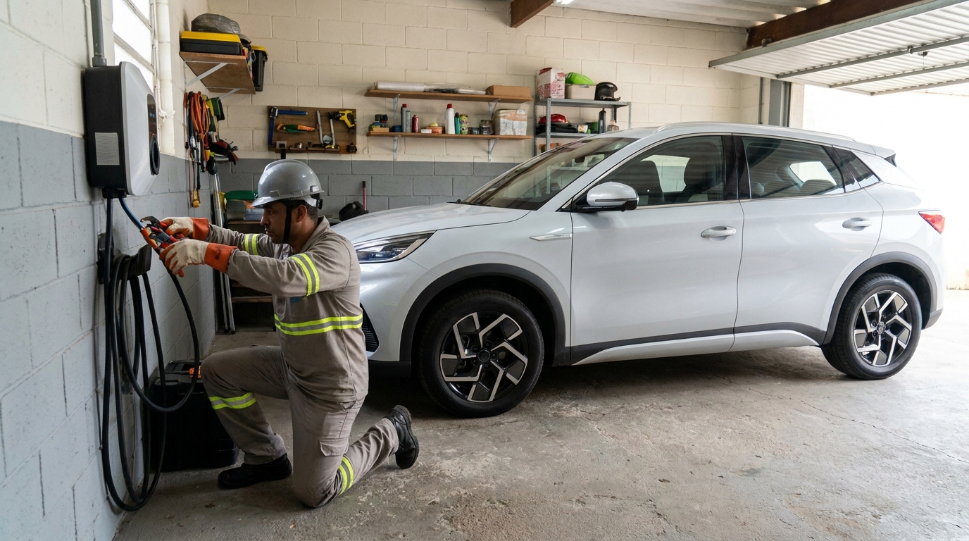Eletricista instalando carregador de carro eletrico em Limeira‑SP