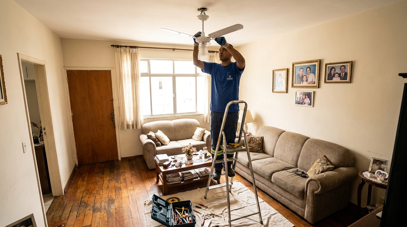 Eletricista instalando ventilador de teto em Limeira‑SP
